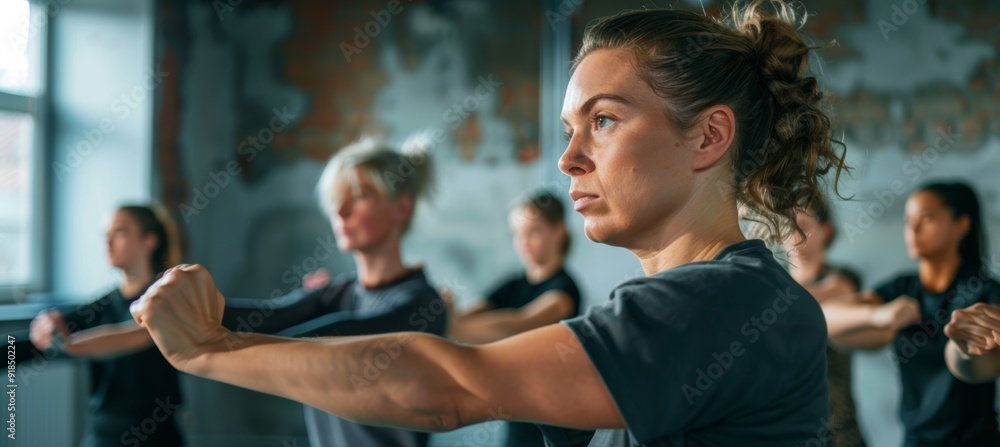Poster self-defense class with instructor guiding group visualization techniques in a calm and focused atmo