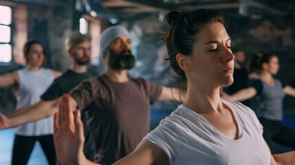 Fototapeta premium Mindfulness Exercises in Self-Defense Workshop with Instructor Guidance - Calm and Supportive Atmosphere