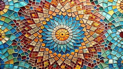 Colorful mosaic pattern with floral designs, intricate geometric tile art