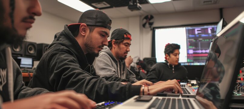 Digital Music Production Class for Students Using Laptops and Headphones - Ideal for Education and Tech Themes