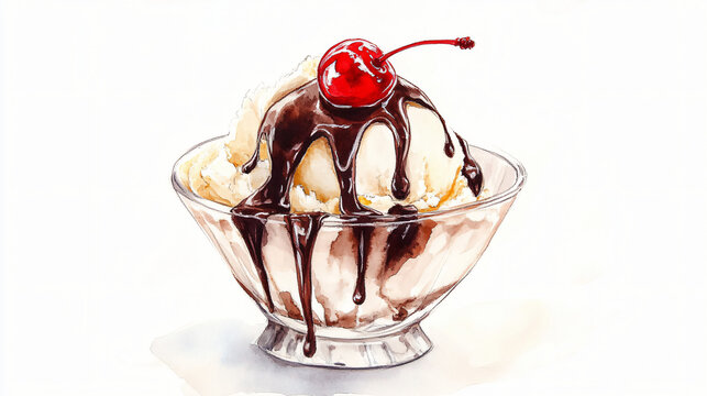 A watercolor ice cream sundae with chocolate syrup and a cherry on top on a plain white background