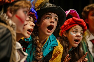 Excited Teenagers Discussing Singing Performance Backstage in Costumes for School Show