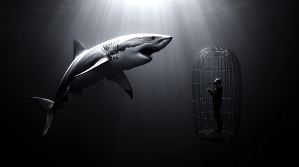 A great white shark looms over a diver in a cage, a dramatic underwater scene.