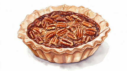 A watercolor pecan pie with a glossy filling on a plain white background