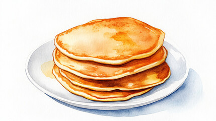A watercolor plate of pancakes centered on a plain white background