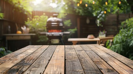  empty wooden table from front view. outdoor grilling theme, grilling in background 