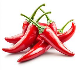 Fresh red chilis with green tops displayed on a white background. Generative AI.