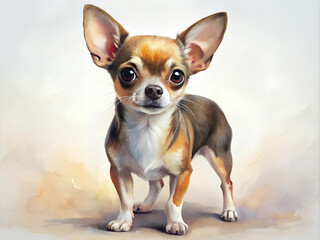 Digital art illustration of a small chihuahua dog with big brown eyes and a white and brown coat