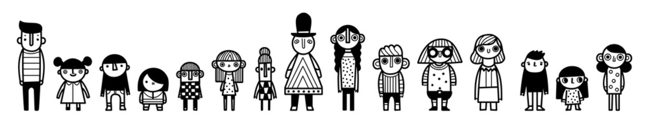 Diverse group of cartoon characters standing in a row, different styles and genders and ages, variety of outfits and expressions, vector illustration.
