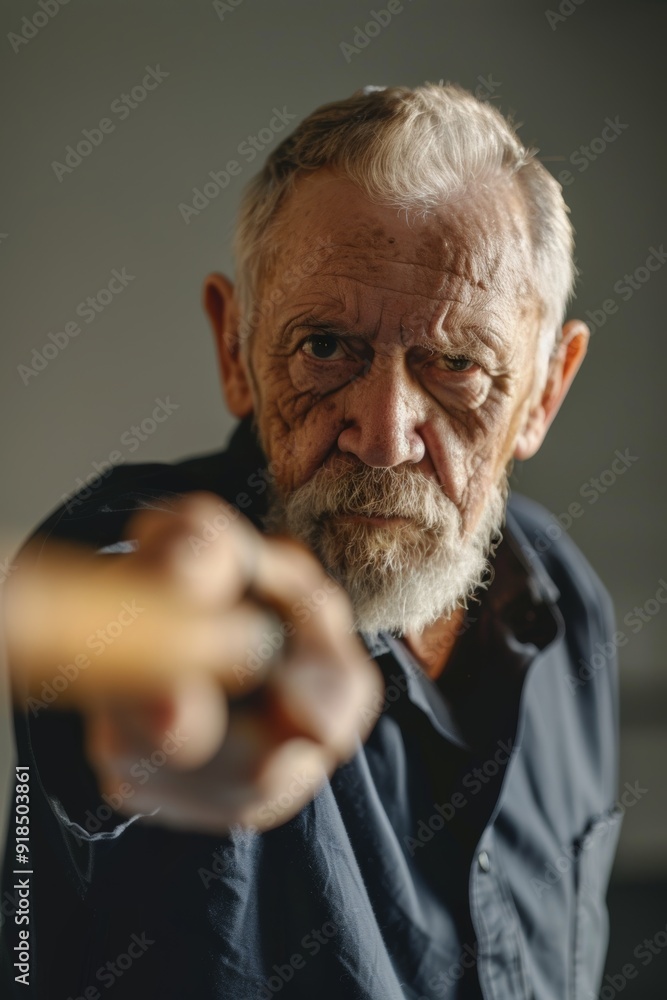 Poster senior man practicing self defense tools in a safe studio environment with determined expression