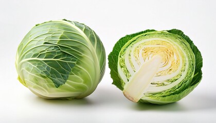 Fototapeta premium green cabbage - Brassica oleracea - can be pickled, fermented in sauerkraut or kimchi, steamed, stewed, roasted, sautéed, braised, or eaten raw. isolated on white background with copy space