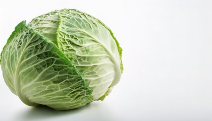 Fototapeta premium green cabbage - Brassica oleracea - can be pickled, fermented in sauerkraut or kimchi, steamed, stewed, roasted, sautéed, braised, or eaten raw. isolated on white background with copy space