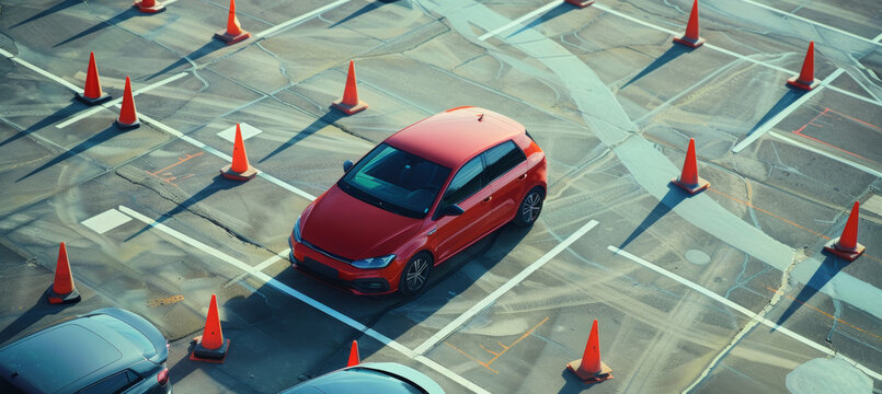 Learner Driver Practicing Parking Maneuvers in Designated Test Area for Skill Improvement