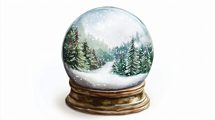 A watercolor snow globe centered on a plain white background