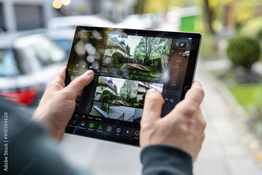 Poster home security app on tablet for monitoring live camera feeds around the property