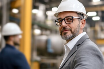 confident industrial manager in hard hat overseeing factory floor operations
