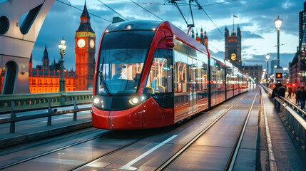 Fototapeta premium In United Kingdom, the modern city tram serves as a crucial part of public transportation