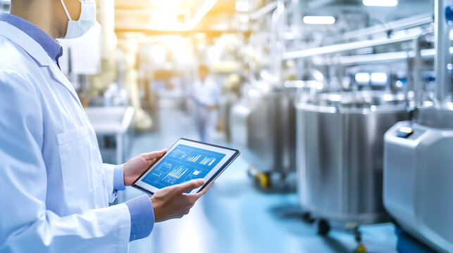 Scientist using a tablet to monitor data in a modern pharmaceutical or chemical manufacturing facility