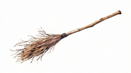 A watercolor witch's broom centered on a plain white background