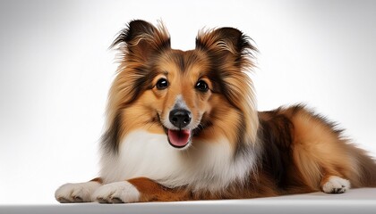 Smiling Shetland Sheepdog Lying Down on Transparent Background, Perfect for Pet Care Advertising