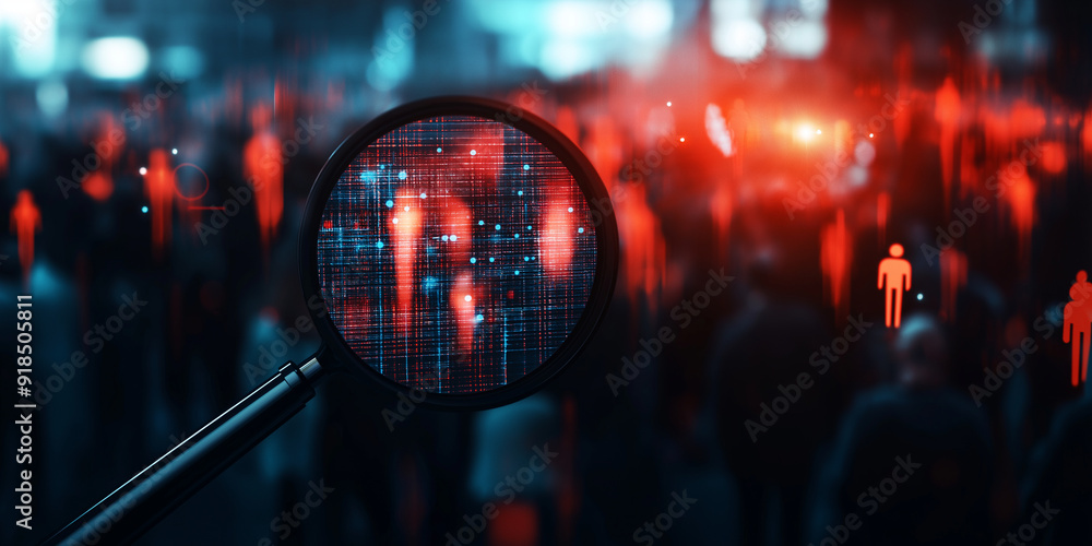 Poster a magnifying glass spotlighting a human icon in a crowd, with digital rays emanating from the focus 
