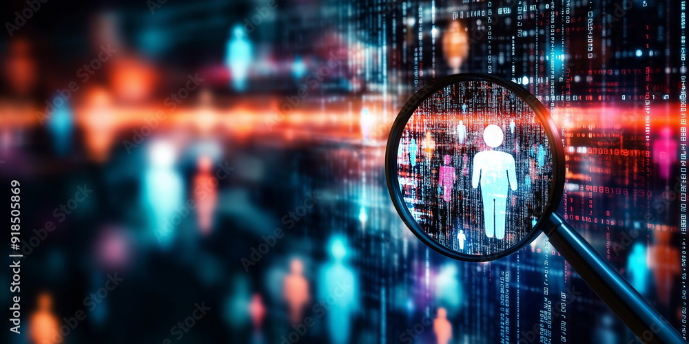 Poster a magnifying glass spotlighting a human icon in a crowd, with digital rays emanating from the focus 