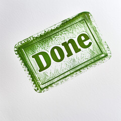 A clean green stamp imprint with the word "Done" in bold, serif font, stamped on bright white paper. The design is sharp and precise, with a slight shadow effect to emphasize completio