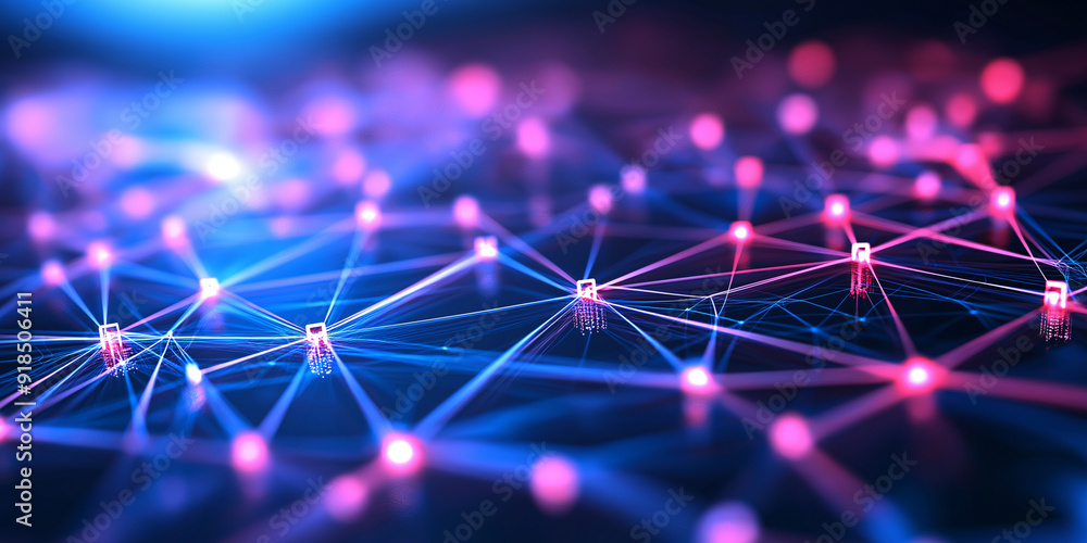 Poster a vibrant, digital network map with nodes and lines glowing with energy, representing the dynamic na
