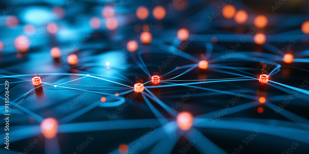 Poster a highly detailed network diagram with brightly lit nodes and lines connecting them, illustrating th