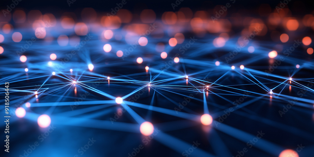 Poster a highly detailed network diagram with brightly lit nodes and lines connecting them, illustrating th