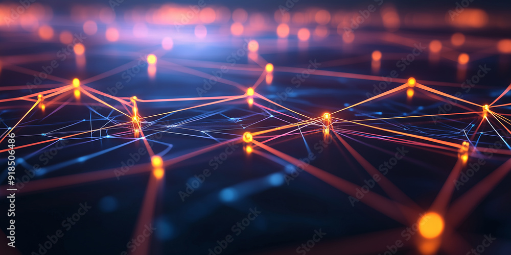 Poster a digital representation of a business network, with bright nodes and glowing lines symbolizing the 