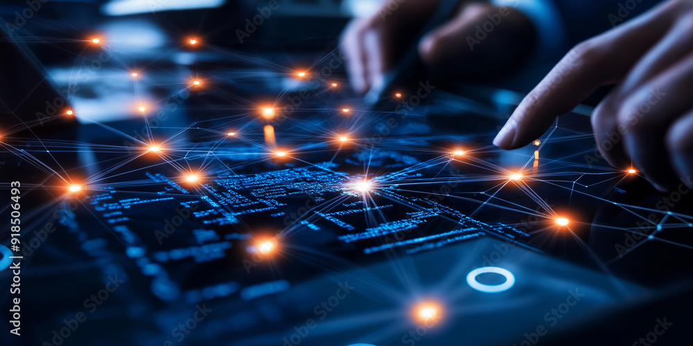 Poster a digital representation of a business network, with bright nodes and glowing lines symbolizing the 