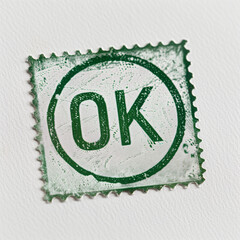 A simple green stamp imprint with the word "OK" in clean, rounded font, stamped on crisp white paper. The design is minimalist, with a slight shadow effect, giving it a straightforward and reassuring 
