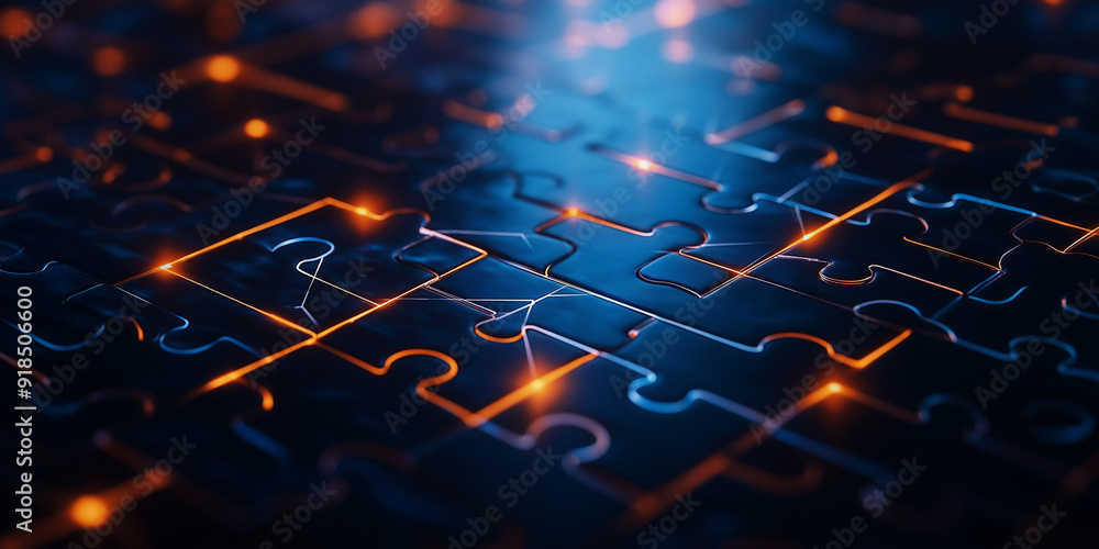 Poster pieces of a puzzle coming together, forming a seamless network of glowing lines and nodes, symbolizi
