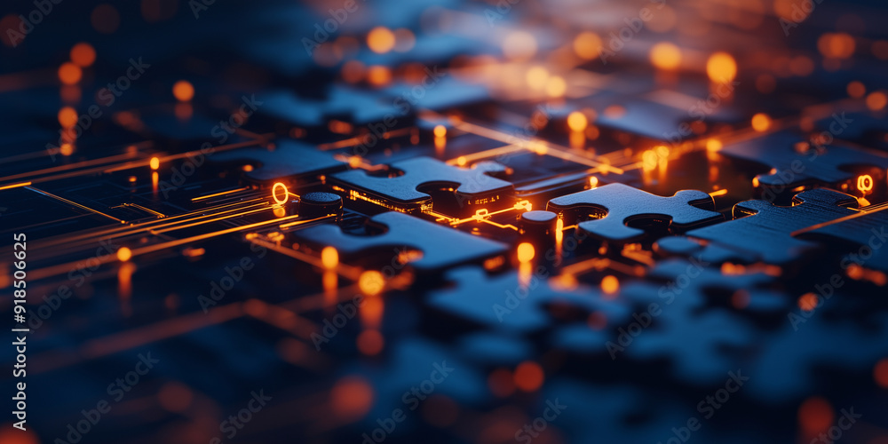 Aufkleber pieces of a puzzle coming together, forming a seamless network of glowing lines and nodes, symbolizi