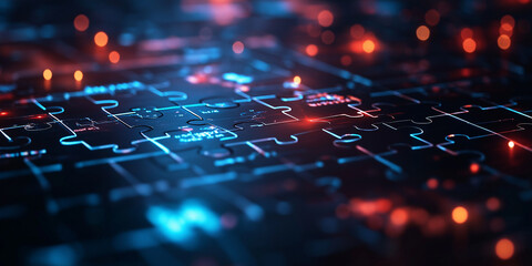 Obraz premium A detailed puzzle coming together piece by piece, each segment forming a glowing network that symbolizes the intertwined relationships on social media