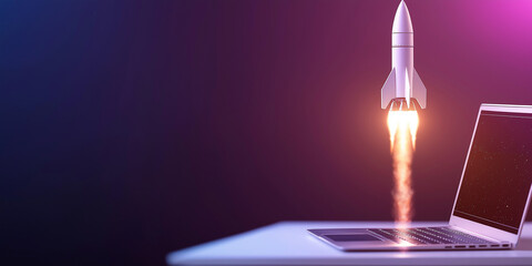A rocket lifting off from a laptop on an office desk, its engines roaring with power as it represents the ambitious rise of a new startup