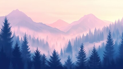 Misty fir forest beautiful landscape in hipster vintage retro style, misty mountains and trees. Ai generation