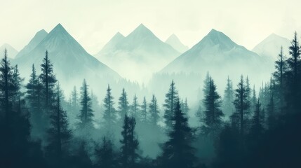 Misty fir forest beautiful landscape in hipster vintage retro style, misty mountains and trees. Ai generation