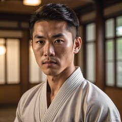 Obraz premium Focused Asian Martial Artist in Traditional Uniform in Dojo