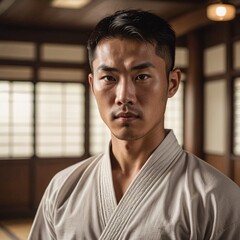 Obraz premium Focused Asian Martial Artist in Traditional Uniform in Dojo