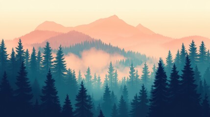 Obraz premium Misty fir forest beautiful landscape in hipster vintage retro style, misty mountains and trees. Ai generation