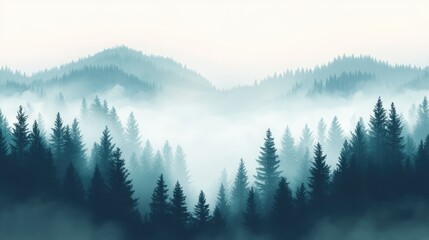 Misty fir forest beautiful landscape in hipster vintage retro style, misty mountains and trees. Ai generation