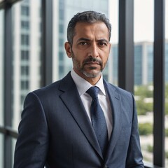 Fototapeta premium Contemplative Middle Eastern Businessman in Tailored Suit by Office Window