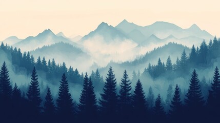 Fototapeta premium Misty fir forest beautiful landscape in hipster vintage retro style, misty mountains and trees. Ai generation