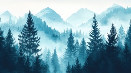 Misty fir forest beautiful landscape in hipster vintage retro style, misty mountains and trees. Ai generation
