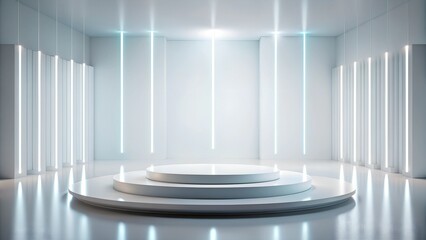 Modern, white minimalistic stage with vertical glowing LED lines, set in a sleek studio environment with a reflective floor, perfect for high-tech product launches and digital presentations