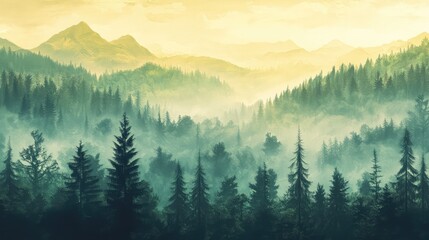 Misty fir forest beautiful landscape in hipster vintage retro style, misty mountains and trees. Ai generation