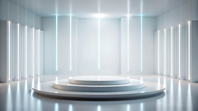 Modern, white minimalistic stage with vertical glowing LED lines, set in a sleek studio environment with a reflective floor, perfect for high-tech product launches and digital presentations