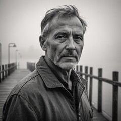 Fototapeta premium Aged Gent on Misty Pier Timeless Noir